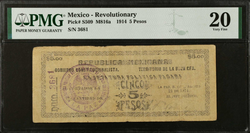 MEXICO--REVOLUTIONARY. Gobierno Constitucionalista. 5 Pesos, 1914. P-S509. PMG V...