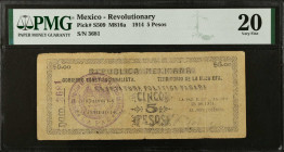 MEXICO--REVOLUTIONARY. Gobierno Constitucionalista. 5 Pesos, 1914. P-S509. PMG Very Fine 20.
M816a.
Estimate $100.00 - $200.00