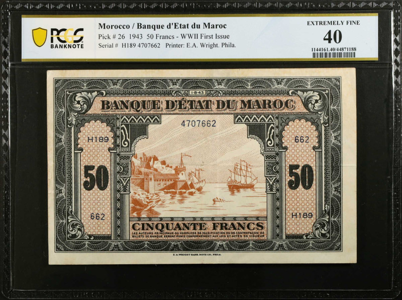 MOROCCO. Banque d'Etat du Maroc. 50 Francs, 1943. P-26. PCGS Banknote Extremely ...