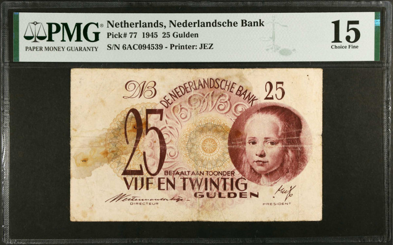 NETHERLANDS. Nederlandsche Bank. 25 Gulden, 1945. P-77. PMG Choice Fine 15.
PMG...