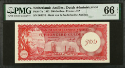 NETHERLANDS ANTILLES. Bank Van de Nederlandse Antillen. 500 Gulden, 1962. P-7a. PMG Gem Uncirculated 66 EPQ.
Estimate $300.00 - $500.00