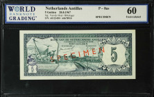 NETHERLANDS ANTILLES. Bank Van de Nederlandse Antillen. 5 Gulden, 1967. P-8as. Specimen. WBG Uncirculated 60.
Estimate $150.00 - $200.00