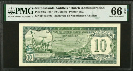 NETHERLANDS ANTILLES. Bank Van de Nederlandse Antillen. 10 Gulden, 1967. P-9a. PMG Gem Uncirculated 66 EPQ.
Estimate $150.00 - $250.00