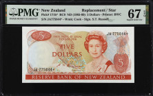 NEW ZEALAND. Reserve Bank of New Zealand. 5 Dollars, ND (1985-89). P-171b*. Replacement. PMG Superb Gem Uncirculated 67 EPQ.
Estimate $100.00 - $200....