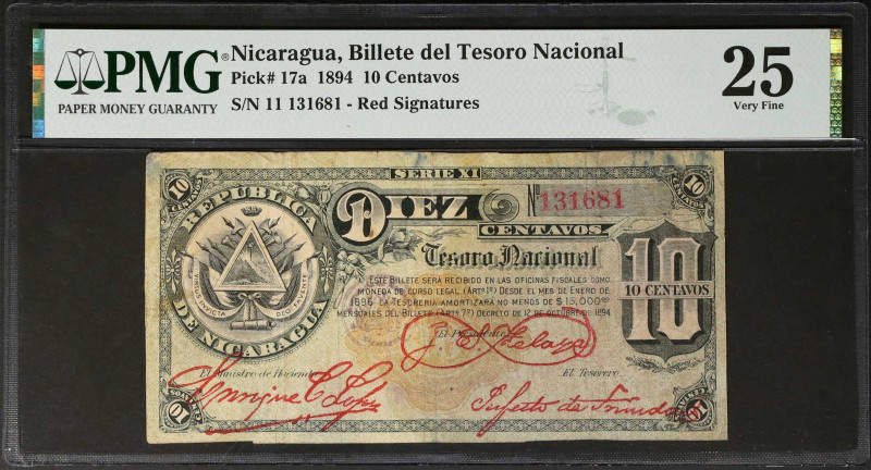 NICARAGUA. Tesoro Nacional. 10 Centavos, 1894. P-17a. PMG Very Fine 25.
An incr...