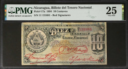 NICARAGUA. Tesoro Nacional. 10 Centavos, 1894. P-17a. PMG Very Fine 25.
An incredibly rare red signature variety 10 Centavos note. One of just three ...