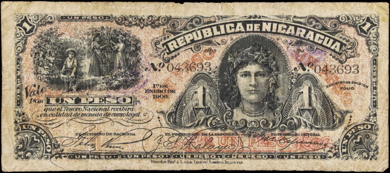 NICARAGUA. Tesoro Nacional. 1 Peso, 1906. P-35. Fine.
Edge/corner wear.
Estima...