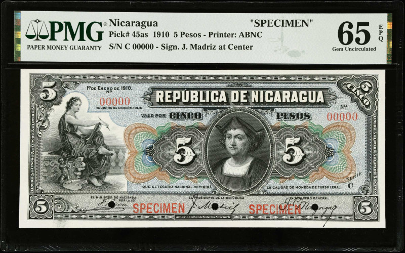 NICARAGUA. Tesoro Nacional. 5 Pesos, 1910. P-45as. Specimen. PMG Gem Uncirculate...