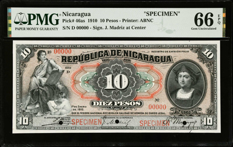 NICARAGUA. Tesoro Nacional. 10 Pesos, 1910. P-46as. Specimen. PMG Gem Uncirculat...