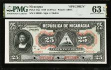 NICARAGUA. Tesoro Nacional. 25 Pesos, 1910. P-47as. Specimen. PMG Choice Uncirculated 63 EPQ.
Estimate $450.00 - $750.00