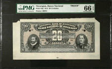 NICARAGUA. Banco Nacional de Nicaragua. 20 Cordobas, 1912. P-59p. Proof. PMG Gem Uncirculated 66 EPQ.
PMG comments "Note Unaffected by Issues in Selv...