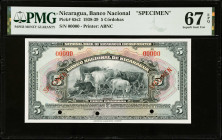 NICARAGUA. Banco Nacional de Nicaragua. 5 Cordobas, 1938-39. P-65s2. Specimen. PMG Superb Gem Uncirculated 67 EPQ.
Estimate $250.00 - $450.00