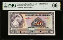 NICARAGUA. Banco Nacional de Nicaragua. 50 Cordobas, 1929. P-68s1. Specimen. PMG Gem Uncirculated 66 EPQ.
Estimate $250.00 - $450.00