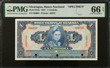 NICARAGUA. Banco Nacional de Nicaragua. 1 Cordoba, 1951. P-91bs. Specimen. PMG Gem Uncirculated 66 EPQ.
Estimate $125.00 - $250.00