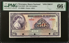 NICARAGUA. Banco Nacional de Nicaragua. 50 Cordobas, 1945. P-96s2. Specimen. PMG Gem Uncirculated 66 EPQ.
Estimate $250.00 - $450.00