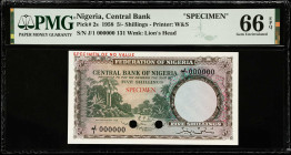 NIGERIA. Central Bank. 5 Shillings, 1958. P-2s. Specimen. PMG Gem Uncirculated 66 EPQ.
Estimate $300.00 - $450.00