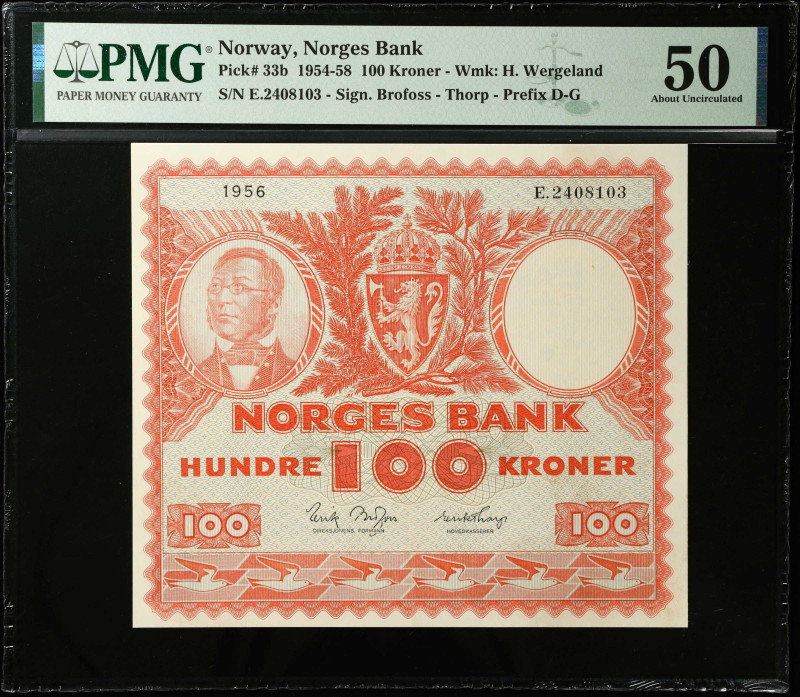 NORWAY. Norges Bank. 100 Kroner, 1954-58. P-33b. PMG About Uncirculated 50.
Est...