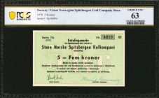 NORWAY. Great Norwegian Spitzbergen Coal Company Store. 5 Kroner, 1970. P-Unlisted. PCGS Banknote Choice Uncirculated 63.
PCGS Banknote comments "Min...