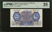 PAKISTAN. Government of Pakistan. 5 Rupees, ND (1948). P-5. PMG Choice Very Fine 35.
PMG comments "Spindle Hole, Pinholes".
Estimate $150.00 - $250....