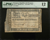 PARAGUAY. Republica del Paraguay. 1 Peso, ND (1860). P-11. PMG Fine 12.
PMG comments "Corner Missing, Tape Repair".
Estimate $100.00 - $200.00