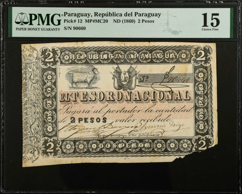 PARAGUAY. Republica del Paraguay. 2 Pesos, ND (1860). P-12. PMG Choice Fine 15....