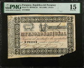 PARAGUAY. Republica del Paraguay. 2 Pesos, ND (1860). P-12. PMG Choice Fine 15.
PMG comments "Corner Missing".
Estimate $100.00 - $200.00