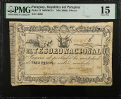 PARAGUAY. Republica del Paraguay. 3 Pesos, ND (1860). P-13. PMG Choice Fine 15.
PMG comments "Tears".
Estimate $100.00 - $200.00