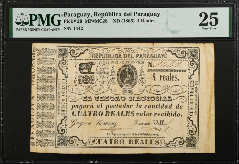 PARAGUAY. Republica del Paraguay. 4 Reales, ND (1865). P-20. PMG Very Fine 25.
...