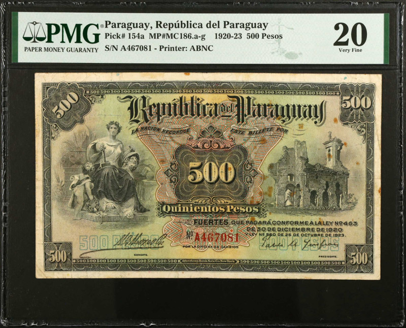 PARAGUAY. Republica del Paraguay. 500 Pesos, 1920-23. P-154a. PMG Very Fine 20....