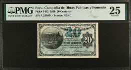 PERU. La Compania de Obras Publicas y Fomento del Peru. 20 Centavos, 1876. P-S442. PMG Very Fine 25.
Estimate $100.00 - $150.00