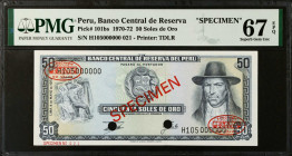 PERU. Banco Central de Reserva. 50 Soles de Oro, 1970-72. P-101bs. Specimen. PMG Superb Gem Uncirculated 67 EPQ.
Estimate $50.00 - $100.00