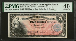 PHILIPPINES. The Bank of the Philippine Islands. 5 Pesos, 1912. P-7b. PMG Extremely Fine 40.
PMG comments "Annotation".
Estimate $400.00 - $600.00