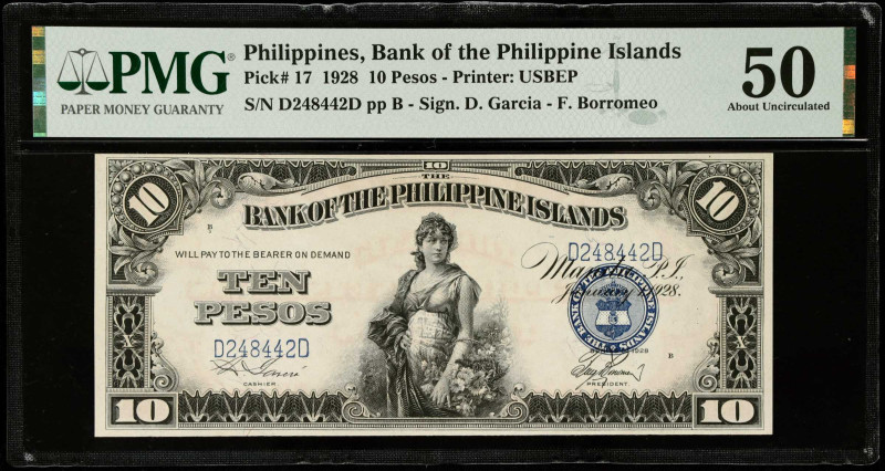 PHILIPPINES. Bank of Philippine Islands. 10 Pesos, 1928. P-17. PMG About Uncircu...