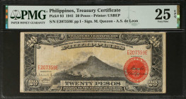 PHILIPPINES. Treasury Certificate. 20 Pesos, 1941. P-93. PMG Very Fine 25 EPQ.
Printed by USBEP. Signature combination of M. Quezon and A.S. de Leon....