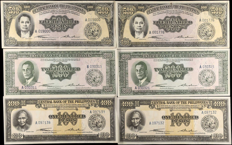 PHILIPPINES. Lot of (6). Central Bank of The Philippines. 100, 200 & 500 Pesos, ...