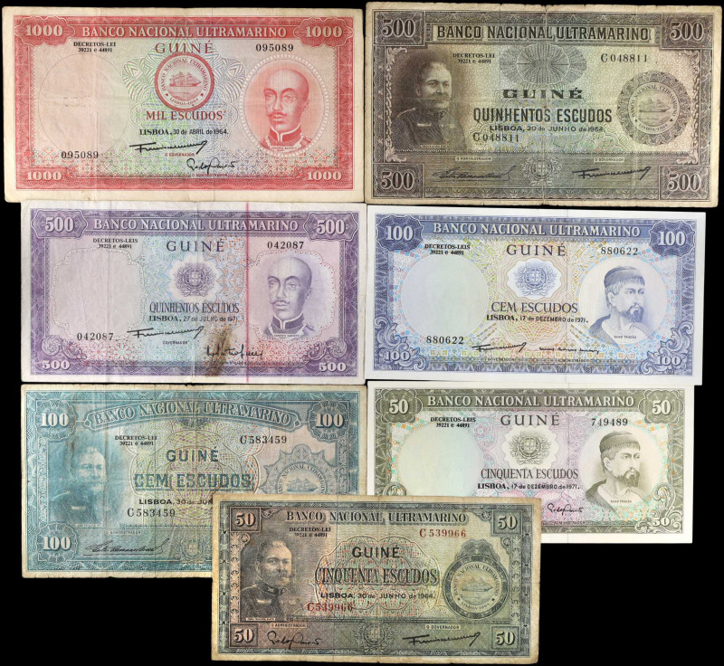 PORTUGUESE GUINEA. Lot of (7). Banco Nacional Ultramarino. 50, 100, 500 & 1000 E...