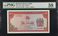 RHODESIA. Reserve Bank of Rhodesia. 2 Dollars, 1970. P-31d. PMG Choice About Uncirculated 58.
Estimate $50.00 - $100.00