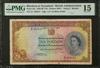 RHODESIA & NYASALAND. Bank of Rhodesia and Nyasaland. 10 Pounds, 1956-60. P-23a. PMG Choice Fine 15.
Printed by BWC. Signature of A.P. Grafftey-Smith...