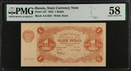 RUSSIA--RUSSIAN SOCIALIST FEDERATED SOVIET REPUBLIC. Narodniy Komissariat Finantsov. 1 Ruble, 1922. P-127. PMG Choice About Uncirculated 58.
Estimate...