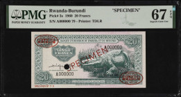 RWANDA-BURUNDI. Banque D'Emission Du Rwantda Et Du Burundi. 20 Francs, 1960. P-3s. Specimen. PMG Superb Gem Uncirculated 67 EPQ.
Estimate $300.00 - $...