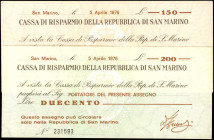 SAN MARINO. Lot of (2). Cassa di Risparmio Della Republica di San Marino. 150 & 200 Lire, 1976. P-S101 (1-1) & S102 (1). Uncirculated.
Mounting remna...