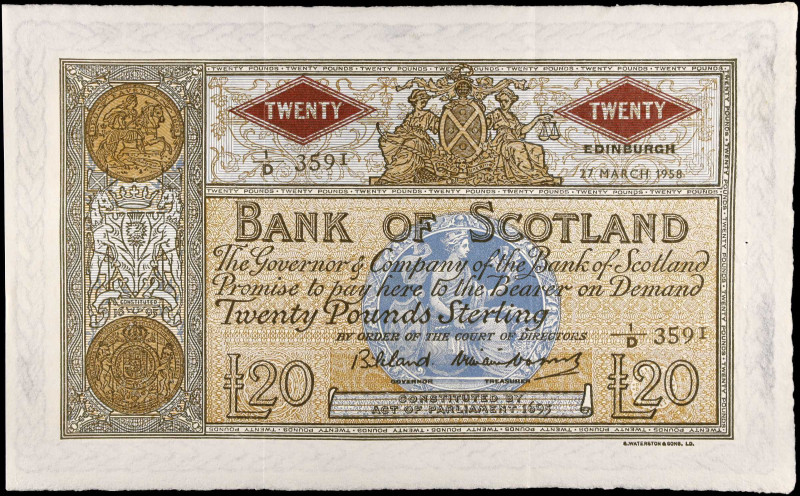 SCOTLAND. Bank of Scotland. 20 Pounds, 1958. P-94f. Extremely Fine.
Pinholes.
...