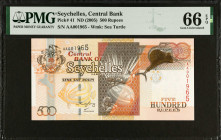 SEYCHELLES. Central Bank of Seychelles. 500 Rupees, ND (2005). P-41. PMG Gem Uncirculated 66 EPQ.
Four digit serial number.
Estimate $50.00 - $100.0...