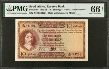 SOUTH AFRICA. South African Reserve Bank. 10 Shillings, 1951-59. P-90c. PMG Gem Uncirculated 66 EPQ.
Estimate $100.00 - $200.00