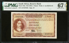 SOUTH AFRICA. South African Reserve Bank. 1 Rand, ND (1961). P-103a. PMG Superb Gem Uncirculated 67 EPQ.
Estimate $100.00 - $150.00