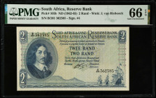 SOUTH AFRICA. South African Reserve Bank. 2 Rand, ND (1962-65). P-105b. PMG Gem Uncirculated 66 EPQ.
Estimate $100.00 - $150.00