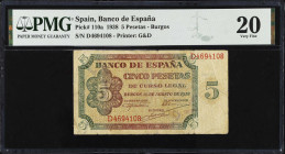 SPAIN. Banco de Espana. 5 Pesetas, 1938. P-110a. PMG Very Fine 20.
Estimate $50.00 - $100.00
