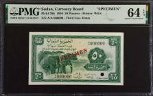 SUDAN. Currency Board. 50 Piastres, 1956. P-2Bs. Specimen. PMG Choice Uncirculated 64 EPQ.
Printed by W&S. Third Line-45mm. Specimen. Nearly Gem.
Es...