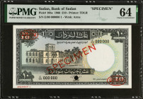 SUDAN. Bank of Sudan. 10 Sudanese Pounds, 1966. P-10bs. Specimen. PMG Choice Uncirculated 64.
PMG comments "Previously Mounted".
Estimate $100.00 - ...