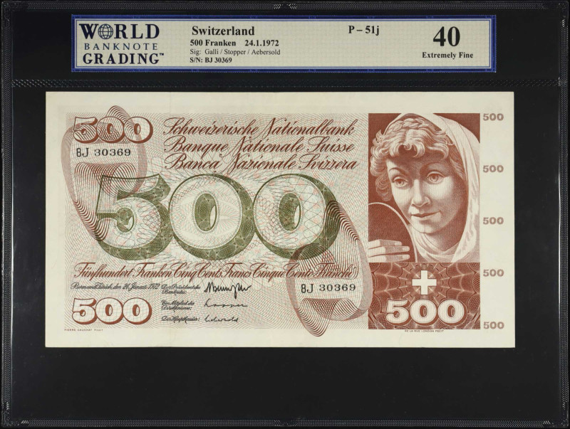 SWITZERLAND. Schweiserische Nationalbank. 500 Franken, 1972. P-51j. WBG Extremel...